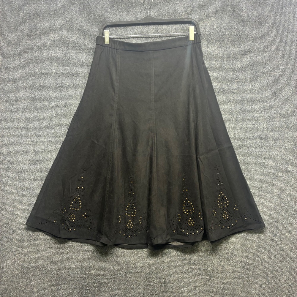 Tanjay Faux Suede Skirt Womens 12P Black Studded Eyelet Midi A-Line Western Chic